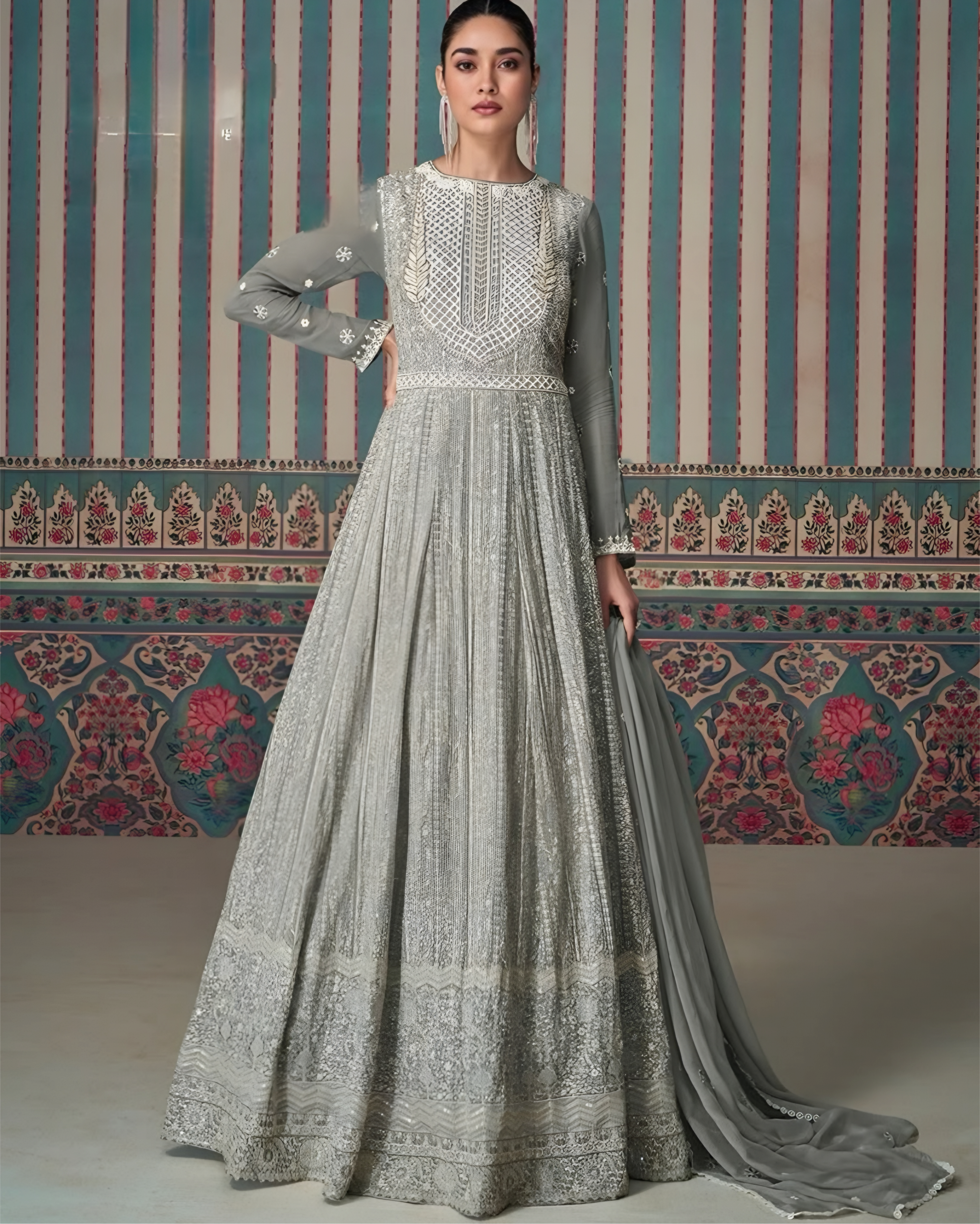 Soft Pastel Grey Georgette Embroidered Anarkali Gown