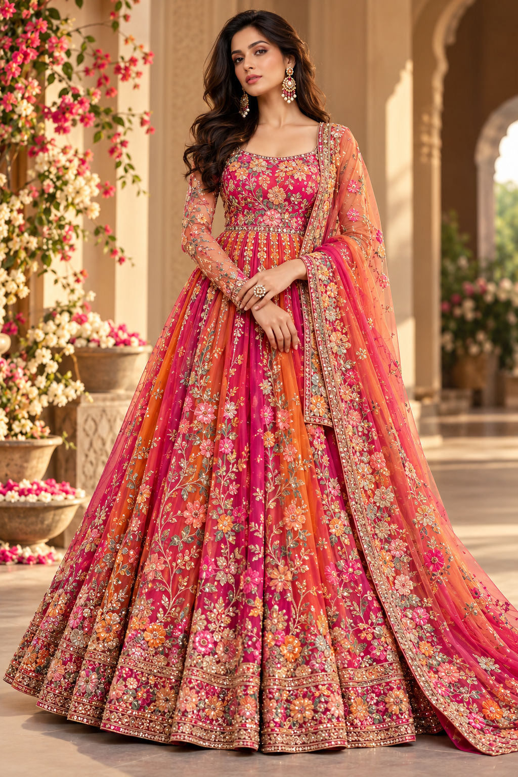 Pink and orange floral embroidered Anarkali suit - Sakhi Fashions