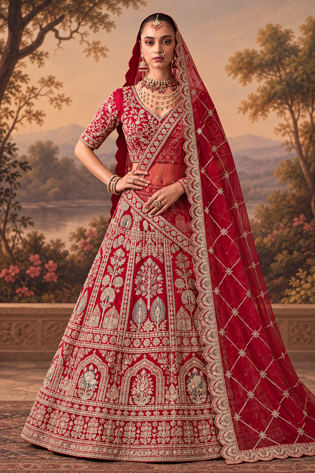 Red and gold bridal lehenga with dupatta - Sakhi Fashions