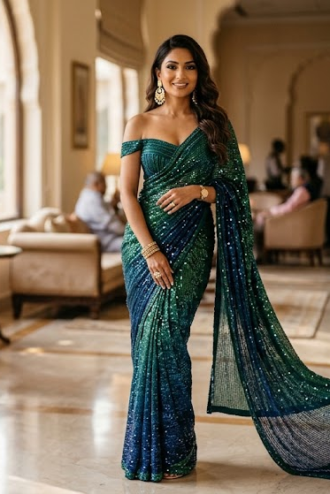 Emerald green sequin designer saree - Sakhi Fashions