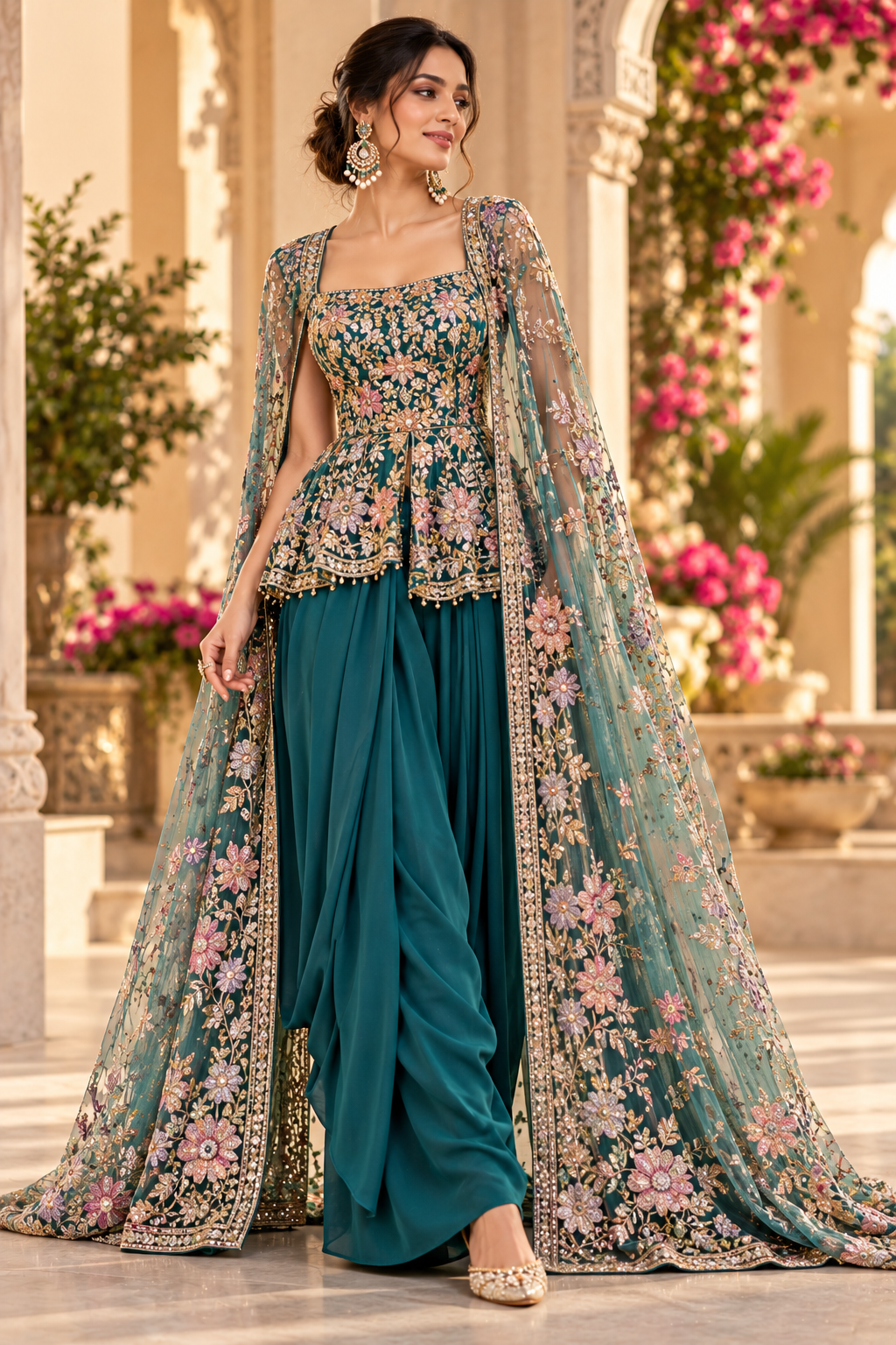 Teal floral embroidered Indo Western lehenga with cape - Sakhi Fashions