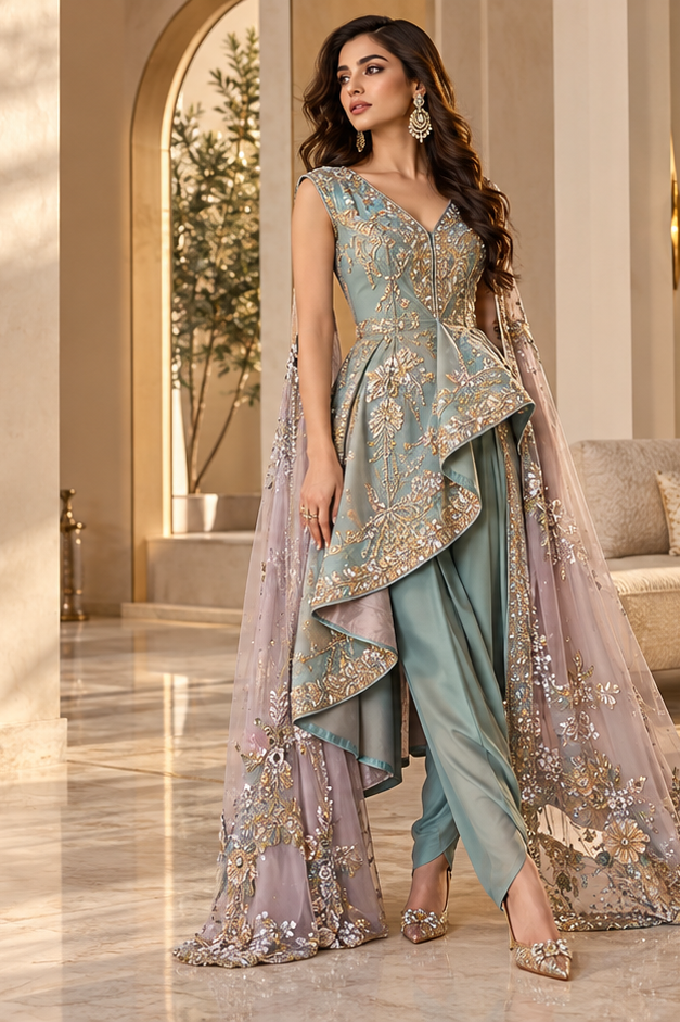 Sage green embroidered Indo Western suit with cape dupatta - Sakhi Fashions