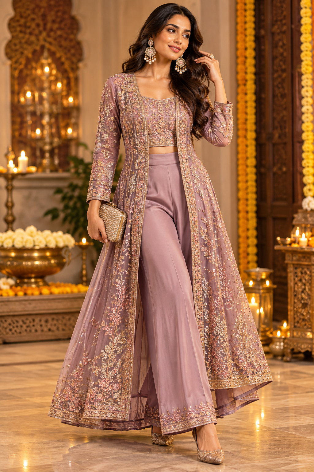 Mauve embroidered jacket style sharara suit - Sakhi Fashions