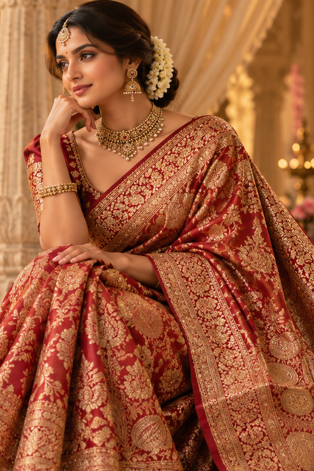 Red and gold Banarasi silk saree - Sakhi Fashions