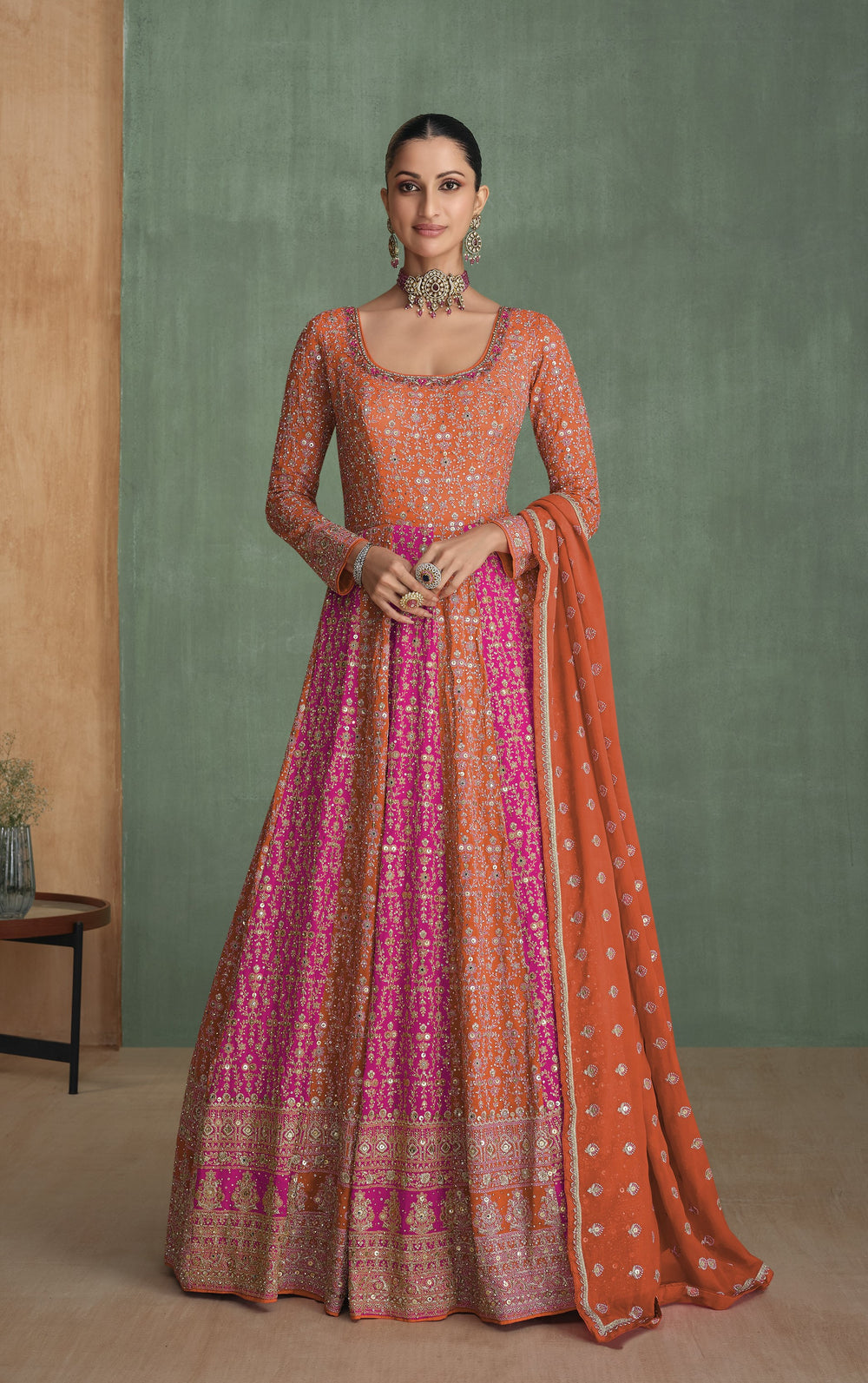 Orange & Pink Embroidered Silk Anarkali Gown with Dupatta – Festive Couture Collection