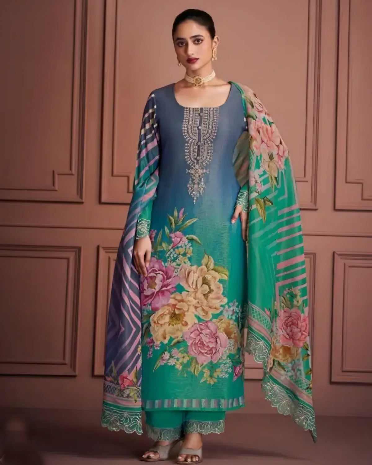 Teal Green & Denim Blue Muslin Suit with Zari Embroidery and Floral Digital Printed Dupatta – Sakhi Fashions
