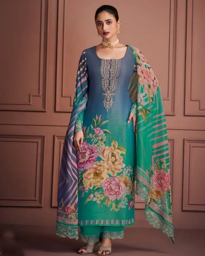 Teal Green & Denim Blue Muslin Suit with Zari Embroidery and Floral Digital Printed Dupatta – Sakhi Fashions