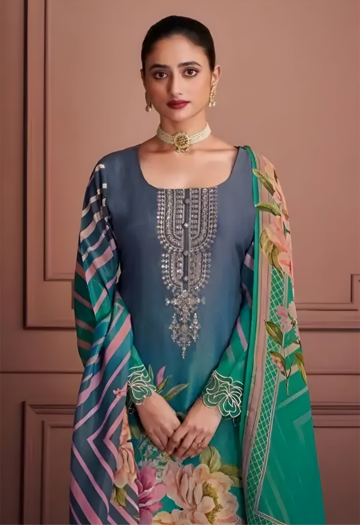 Teal Green & Denim Blue Muslin Suit with Zari Embroidery and Floral Digital Printed Dupatta – detail view 2 – Sakhi Fashions