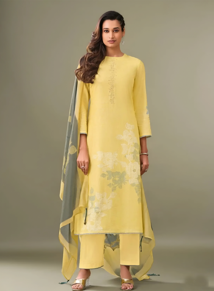 Vintage Linen Cotton Handworked Salwar Kameez with Pine Silk Dupatta Pastel Yellow – Sakhi Fashions