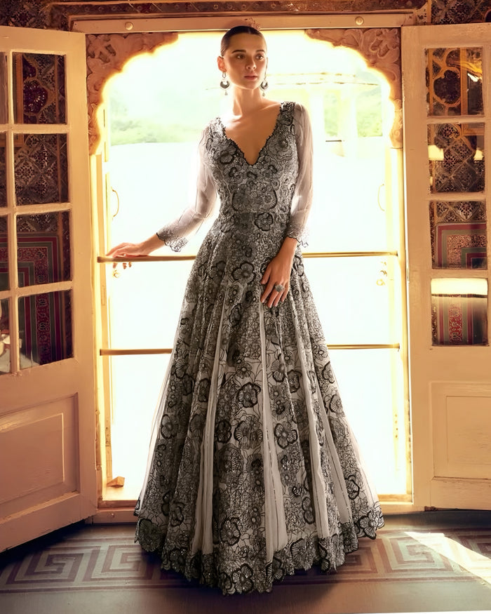Viscose Simar Jacquard Silk Designer Gown Grey – Sakhi Fashions