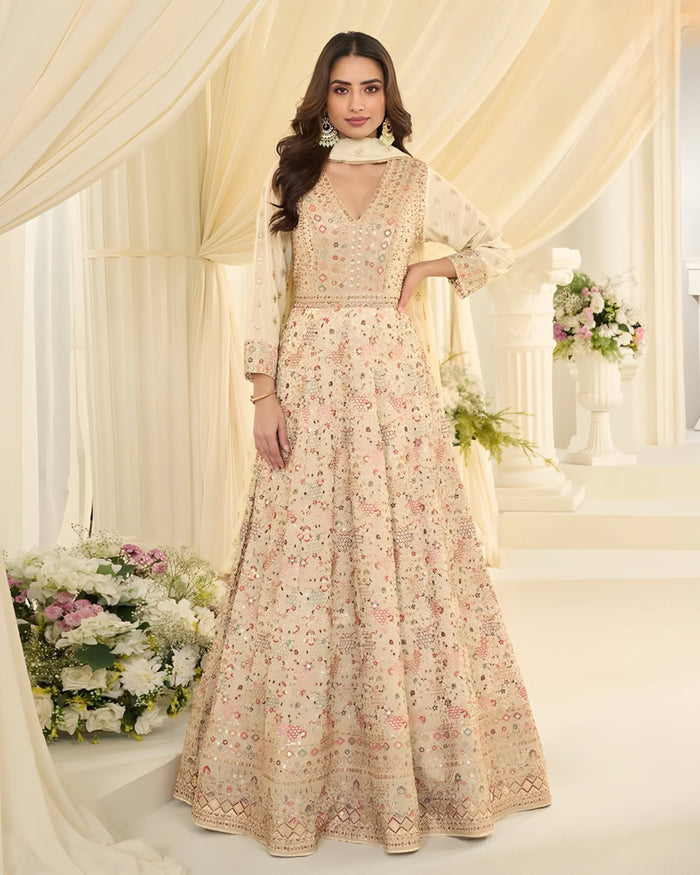 White Georgette Zarkan Embroidered Anarkali Gown with Dupatta – Sakhi Fashions