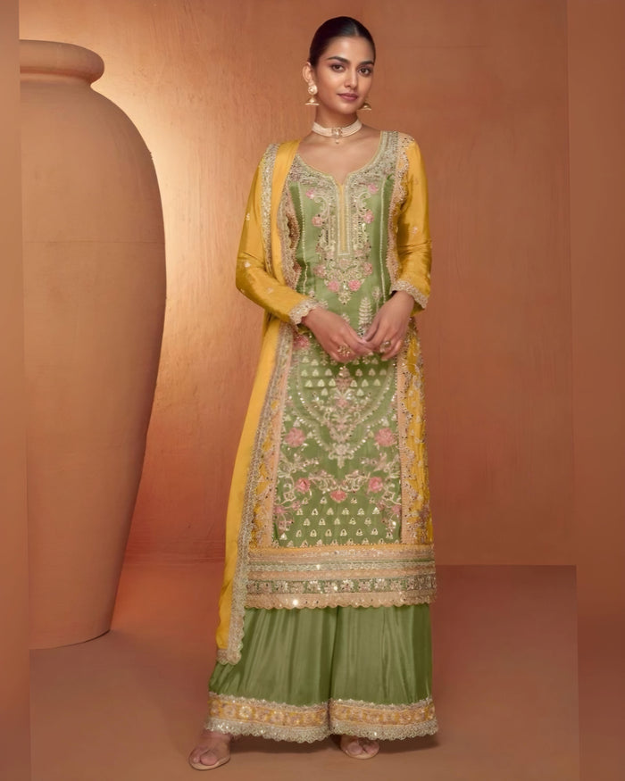 Yellow and Olive Green Embroidered Real Chinon Palazzo Salwar Suits – Sakhi Fashions